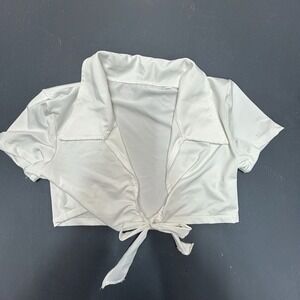 White Tie Front Crop Top Women's Small Collared Short Sleeve Y2K Stretch Blouse